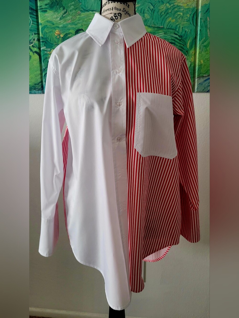 Two-Tone White and Red Striped Button-Down Shirt